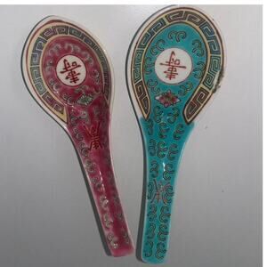 Set of 2 Antique Porcelain Soup Spoons Hand Painted Noodle Rice Chinese